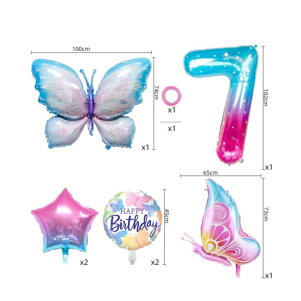 (7-tlg. Set) Zahlen Ballon Kinder Geburtstags Party Folienballon - Zahl 7 / Schmetterling