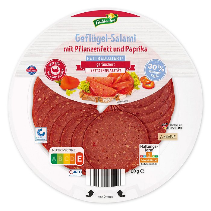 GÜLDENHOF Fettreduzierte Geflügelsalami 100 g, Paprika