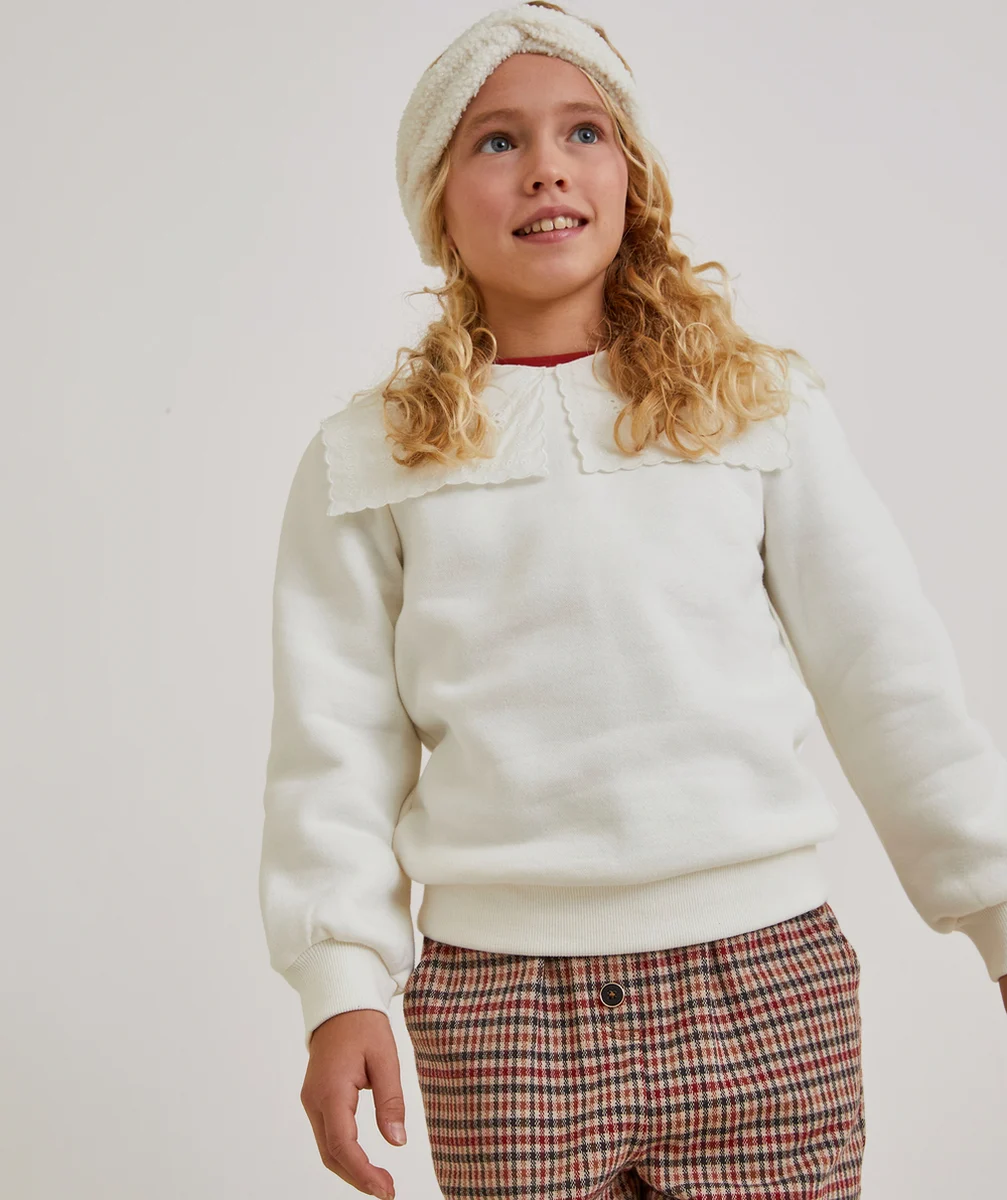 SWEAT FILLE EN FIBRES RECYCLÉES ÉCRU AVEC MAXI COL BRODÉ