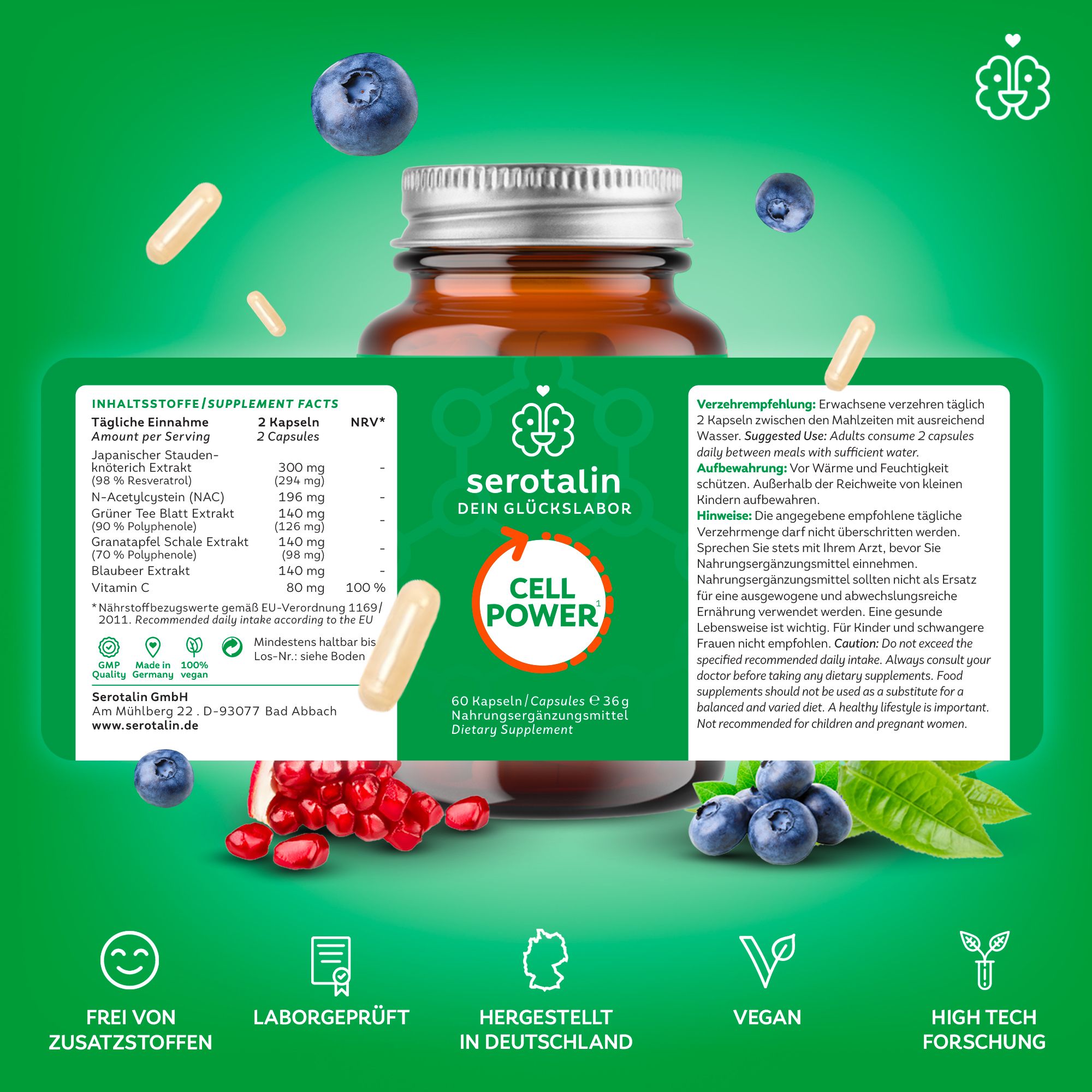 serotalin® CELL POWER I 60 Kapseln - NAC, Resveratrol & Polyphenole I Hochdosiert I Blutdruck