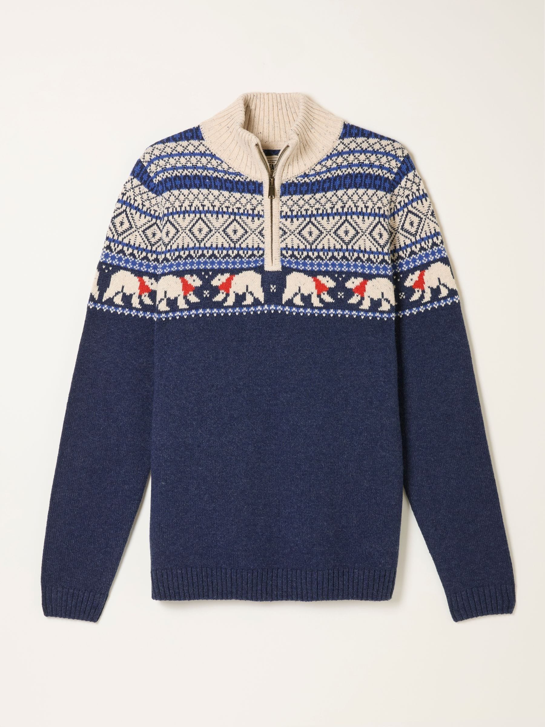 FatFace Polar Bear Knitted Fairisle Half Zip Neck Jumper