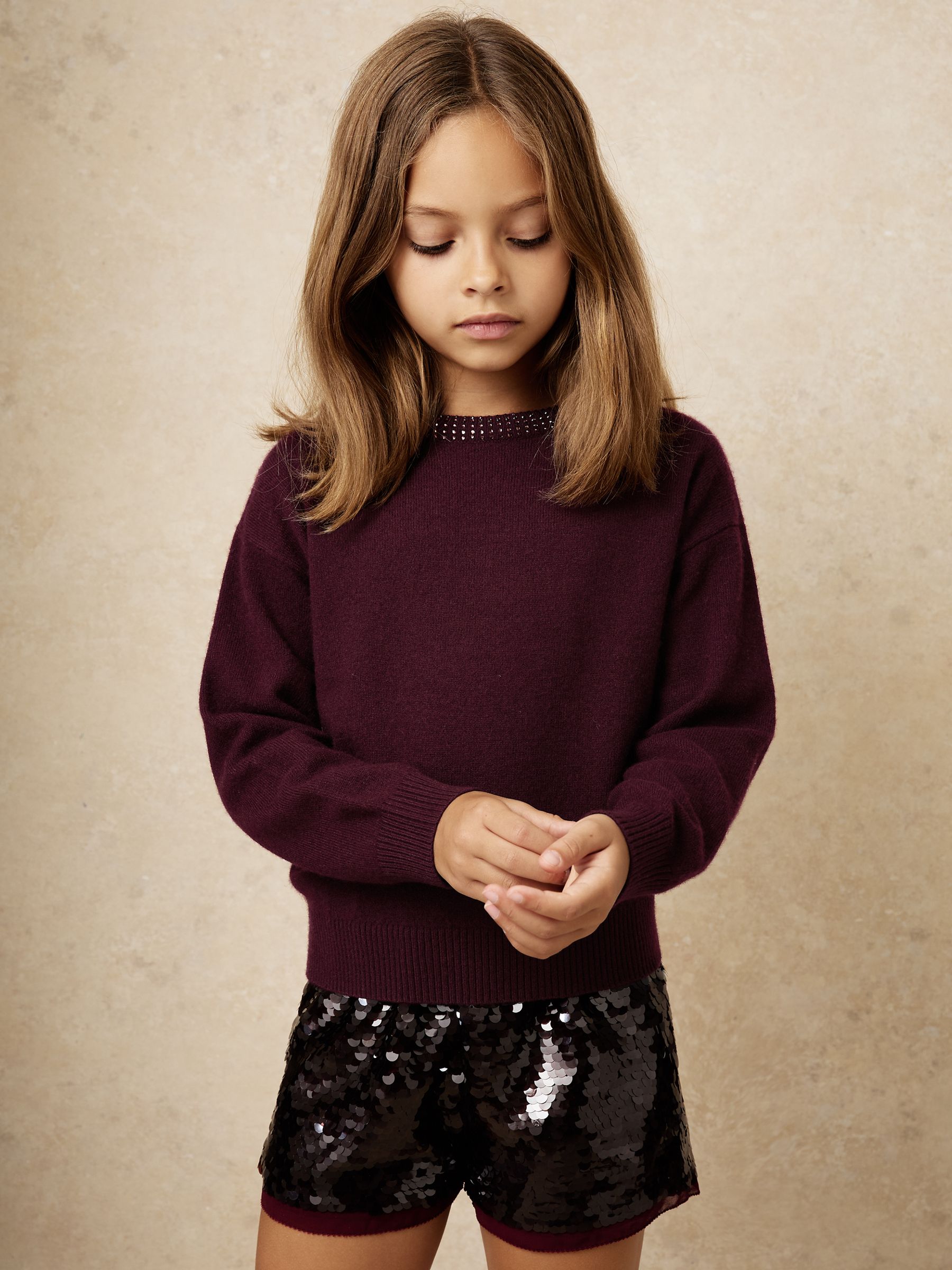 Paarsrood - Reiss Elizabeth Wool-Blend Crystal-Neckline Jumper With Cashmere