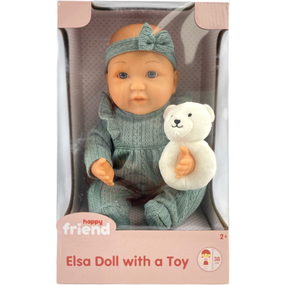 Køb Happy Friend Elsa Dukke 38 Cm Med Et Legetøj Grøn Dragt