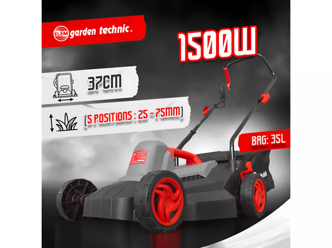 Tondeuse à gazon électrique 1500W - Largeur de coupe 37cm - Elem Garden