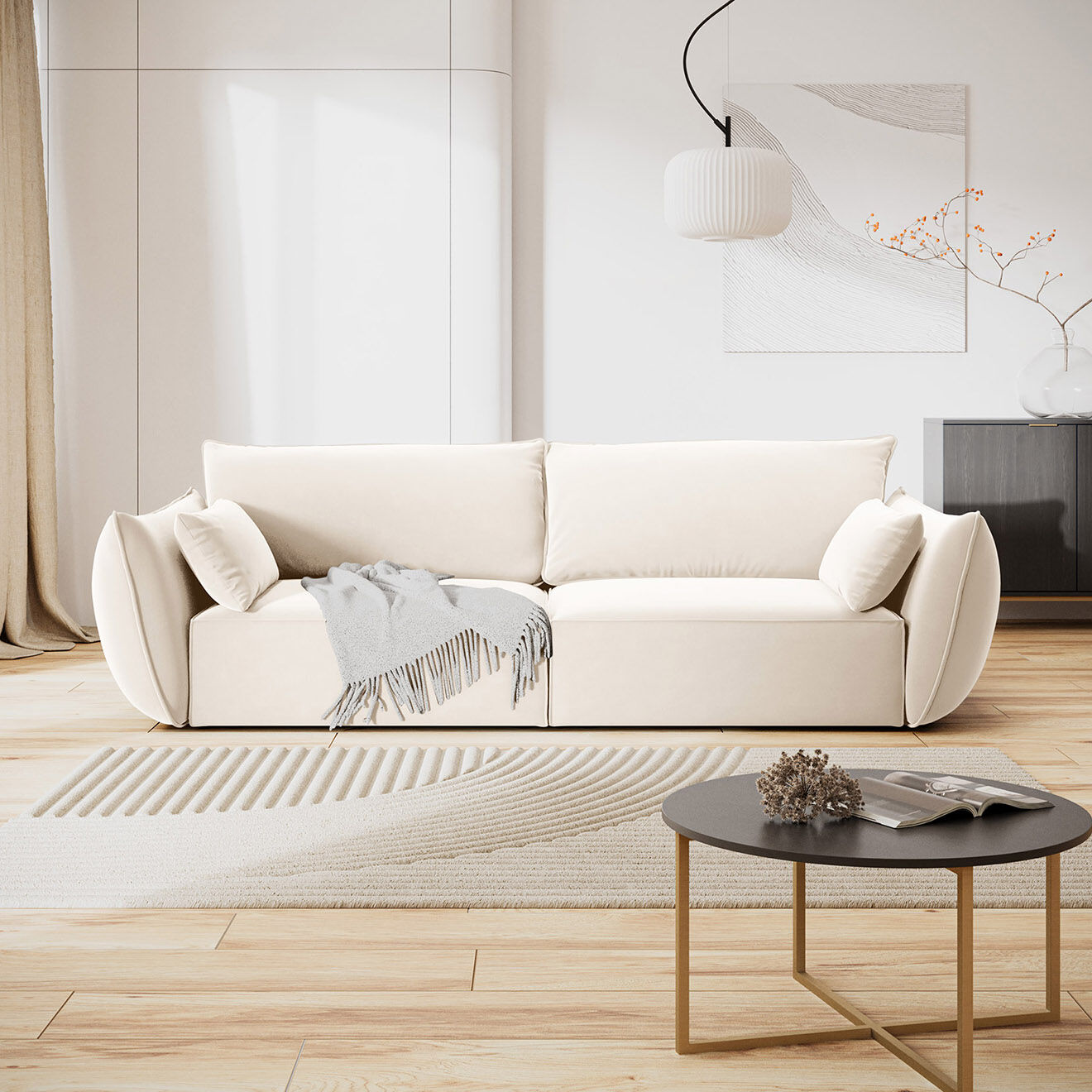 Mazzini Sofas Canapé Velours Vanda 3 Places beige clair - 208x100x85 cm