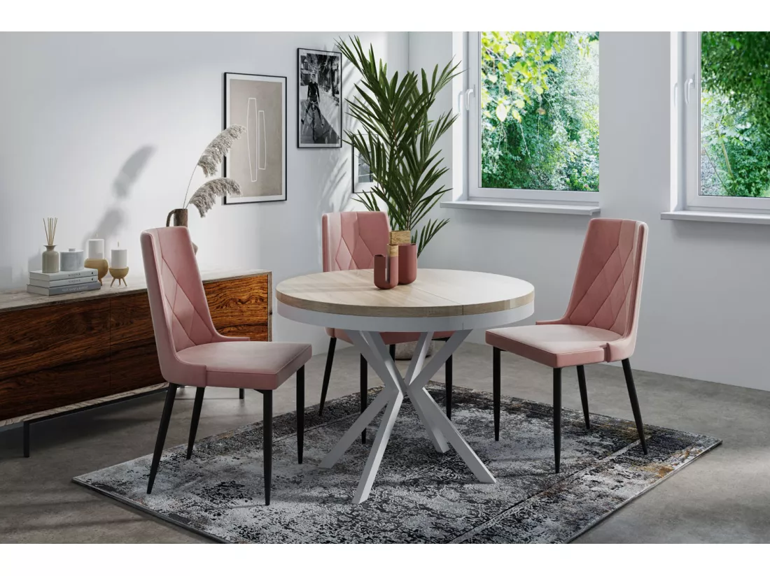 Table à Manger Extensible Ronde - Table Style Loft Avec Pieds En Métal Blancs - 90 à 170 Cm - Table Ronde Style Industriel Pour Le Salon - Compacte - 90 Cm - Chêne