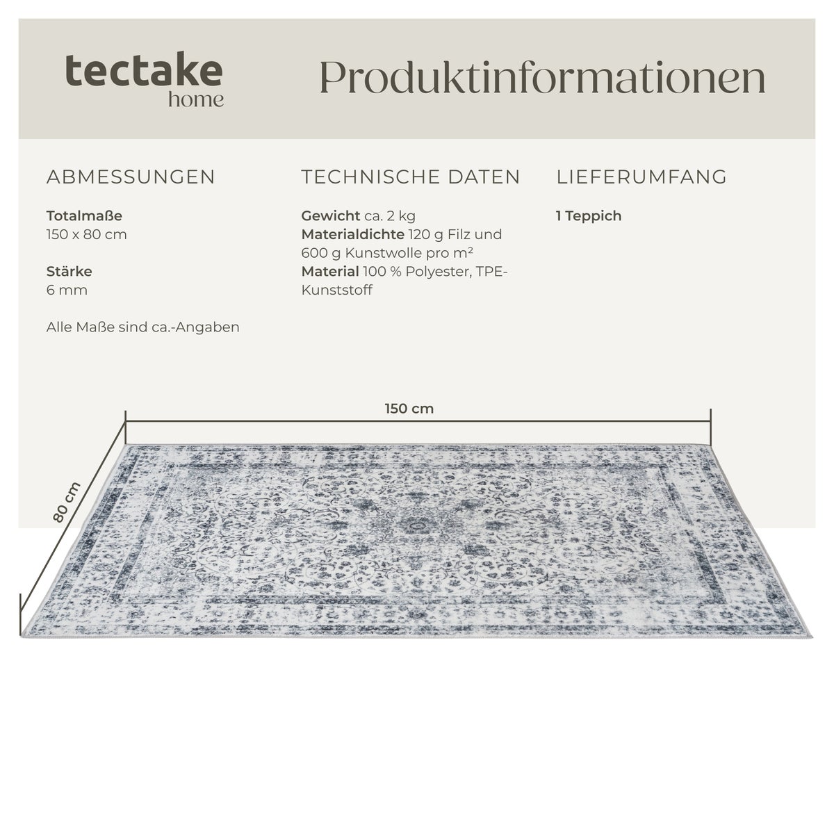 Vintage design tapijt tectake Aliya, diverse maten, antislip achterkant