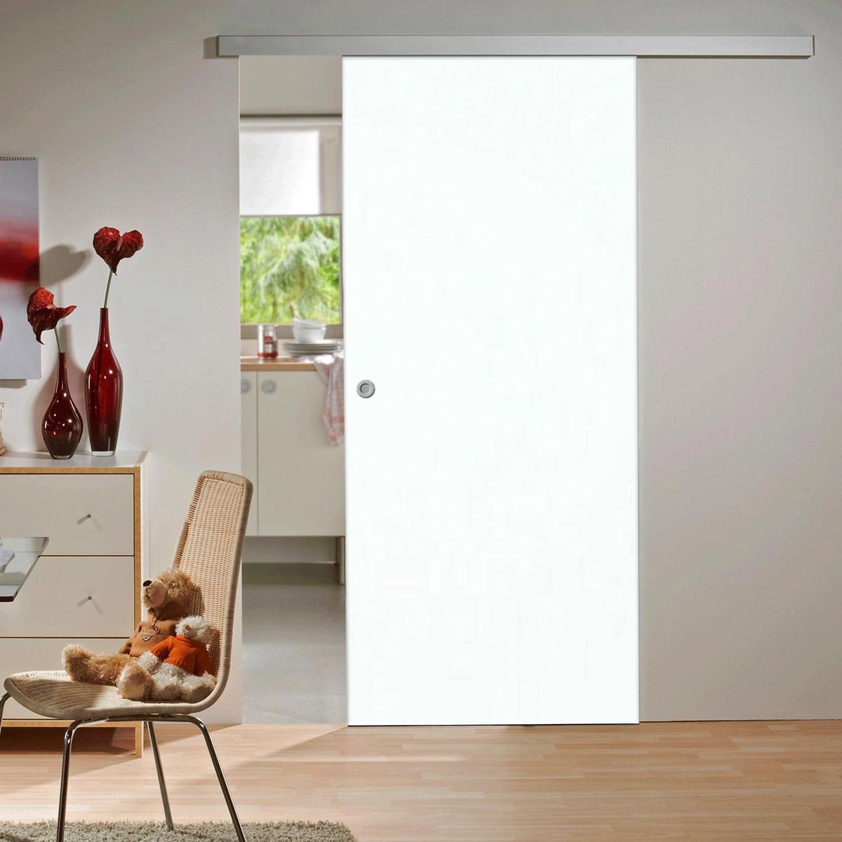 Schuifdeur van hout, wit, 755x2035, binnendeur, houten deur, schuifdeursysteem - verzonken handgreep