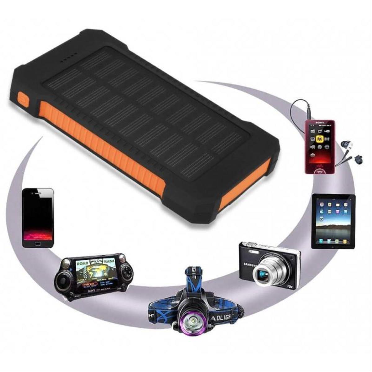 Carregador solar Smartek de 10000mAh com 2 portas USB, bússola e lanterna LED.