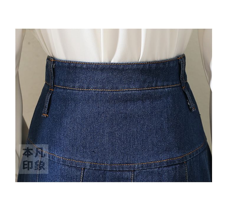 Rusutsu - Accordeon geplooide denim midi A-lijn rok met hoge taille