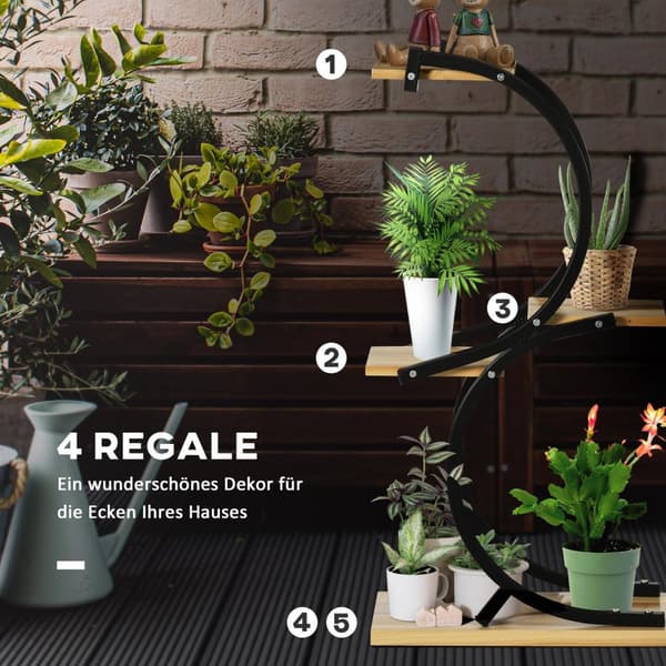 Plantehylle S-Formet 4-Lags Blomstertrapper, Plantestativ Med Metallramme, Heltre, Svart, 46X25X91Cm