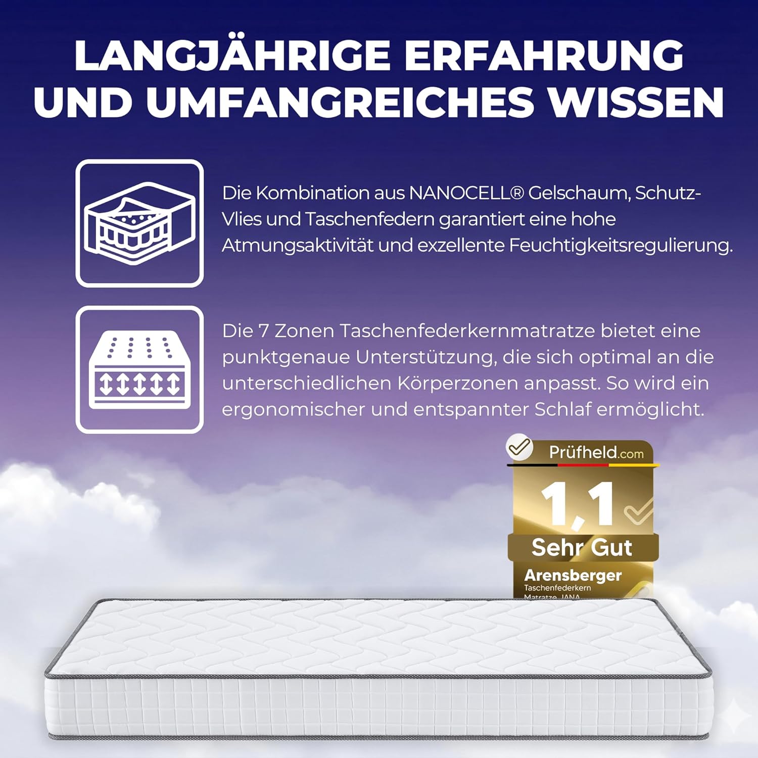 Arensberger JANA Matratze 140x200 cm | Taschenfederkernmatratze 20 cm mit 2 cm NANOCELL® Gelschaum | 7-Zonen Härtegrad H3 | Federkernmatratze punktelastisch, Rollmatratze | Öko-Tex Zertifiziert