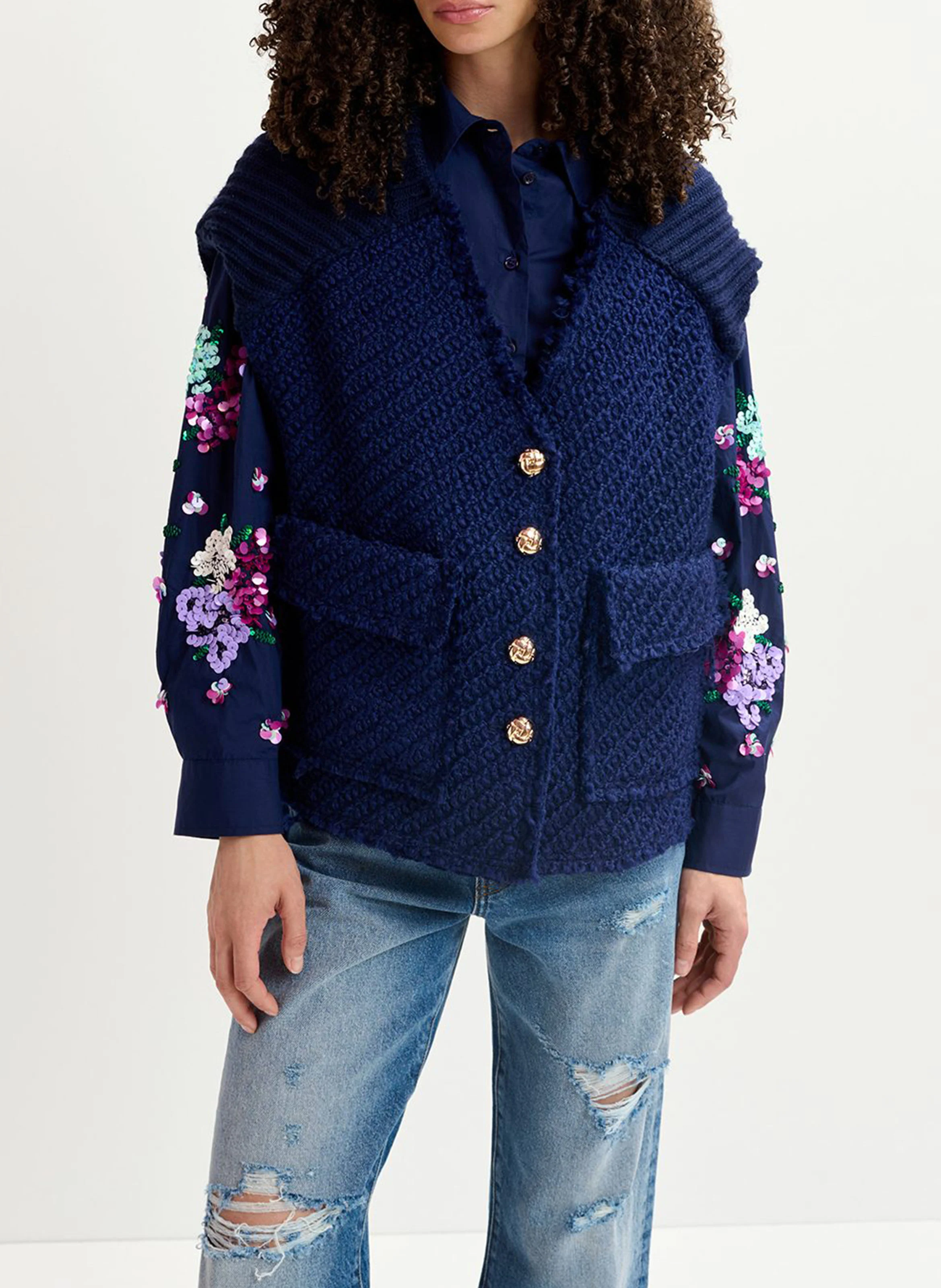 GEOLOGIC - Veste sans manches col V ample en laine mélangée | Bleu