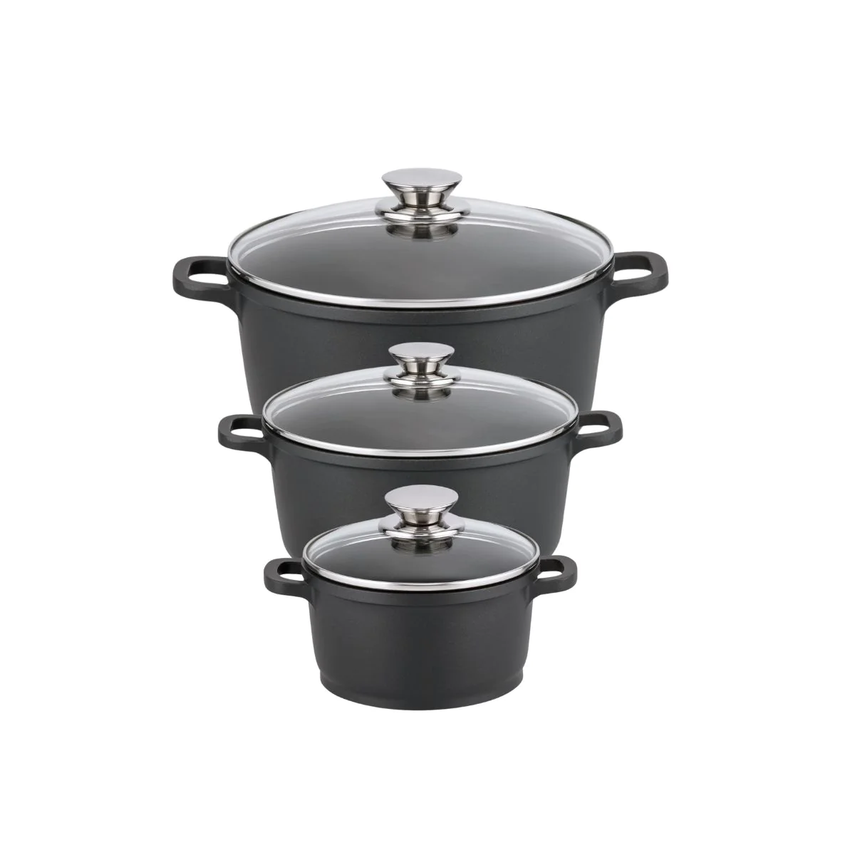 Set de 3 faitouts avec couvercles en verre 16 cm 20 cm et 24 cm Alucas