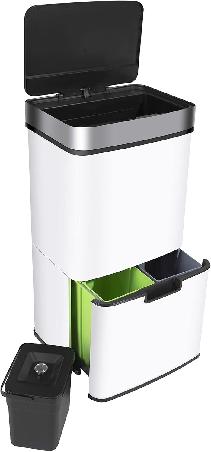 Ribelli Edelstahl - Mülltrennsysteme mit 3+1 Fächer - Mülleimer mit Sensor - 72 Liter (2x12 + 1x48 L) - Design Treteimer aus Edelstahl - Weiß