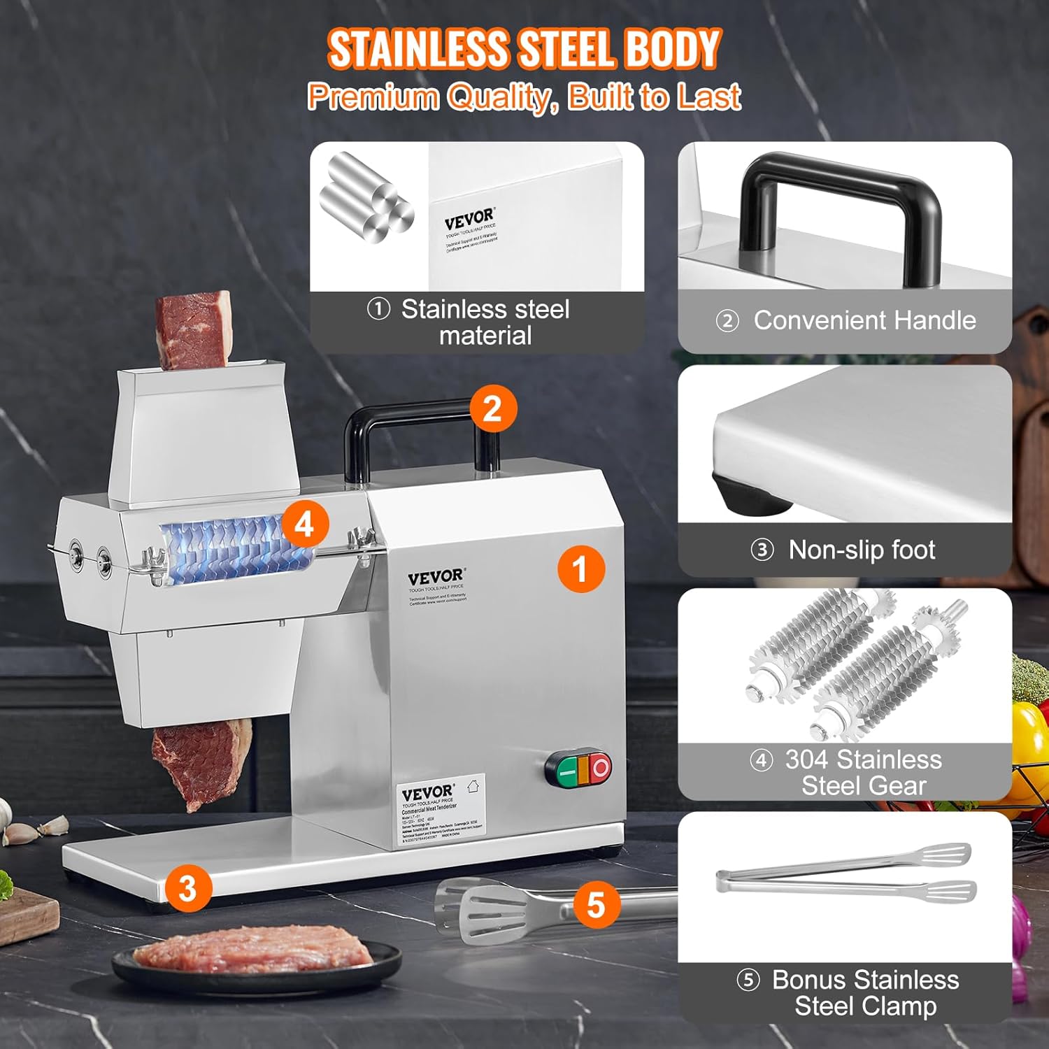 VEVOR Elektrischer Fleischklopfer Fleischzartmacher 450 W mit 54 Edelstahlklingen, Professionelles Fleischklopferwerkzeug 415x170x420 mm Atomatischer Schweinefleisch-Rindersteakklopfer Küchenhelfer