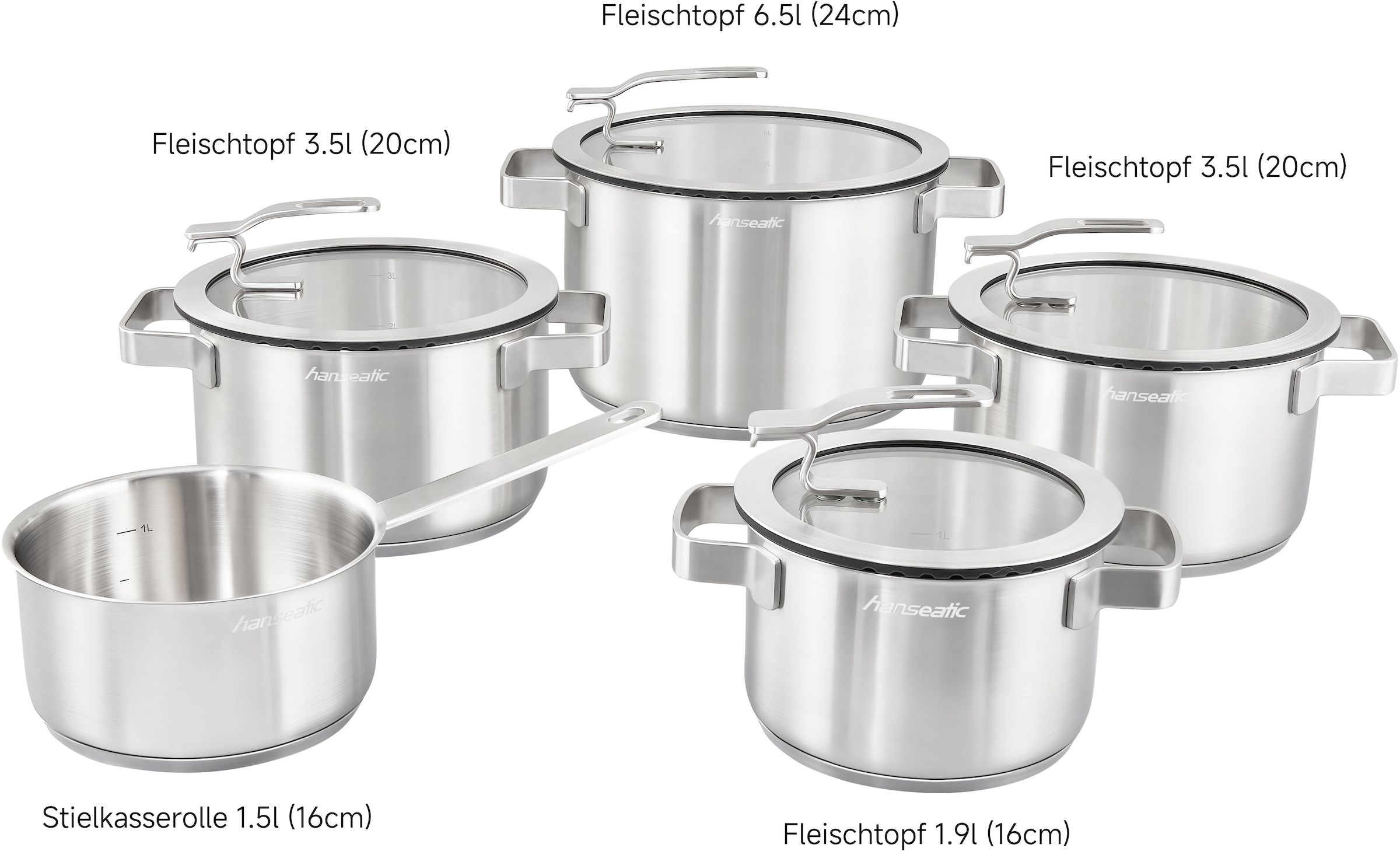 Hanseatic Topf-Set »STYLE« Set, Fleischtopf 1x 16 cm / 2x 20 cm / 1x 24 cm, Stielkasserolle 16 cm, 9 Stk. tlg. Edelstahl 18/10