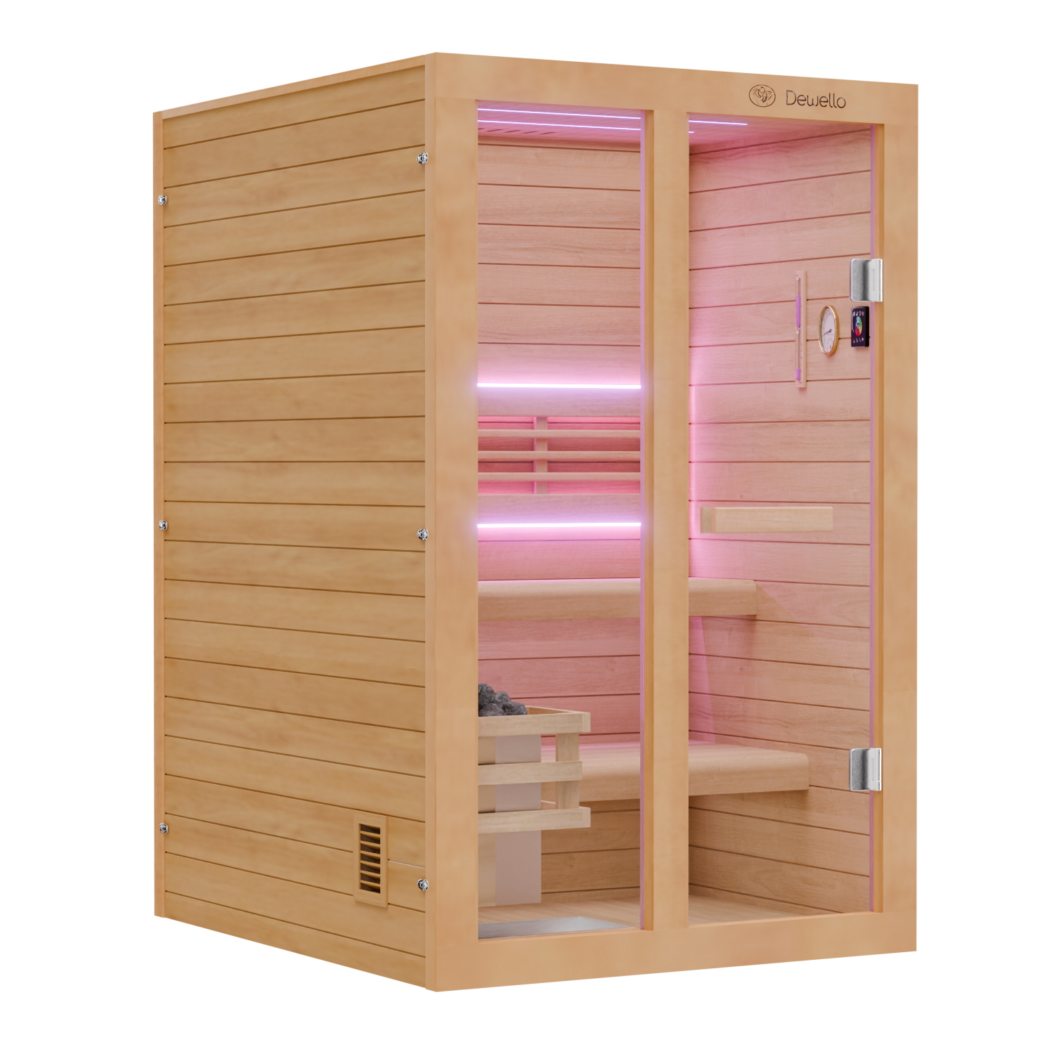 Dewello Finnische Sauna TOFINO 120x140 Kabine aus Hemlock Tannenholz mit 3,5 kW Harvia Ofen, inkl Sauna Set