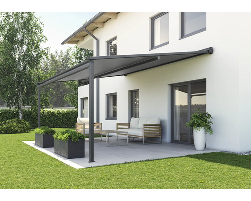 SOLUNA Pergola met stoffen dak 4x3, doekdesign 320968, frame RAL 7016 antracietgrijs, aandrijving links inclusief motor, wandschakelaar (wandmontage)