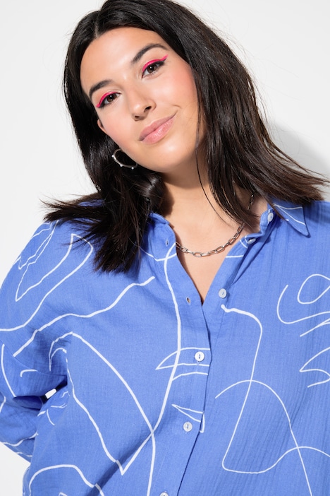 Hemdbluse, oversized, Musselin, Print, Langarm