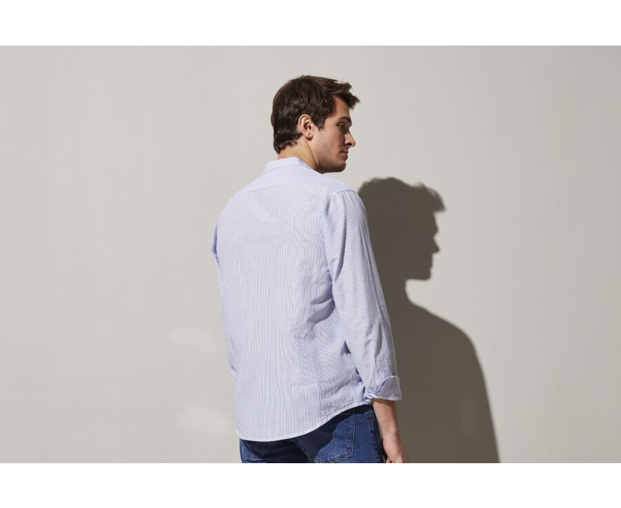 Chemise seersucker à rayures fines bleues foncées et blanches - COLBERT