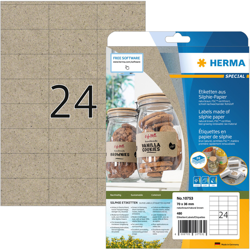 Herma Etiketten aus Silphie-Papier, 10753, 70 x 36 mm, 20 Blatt