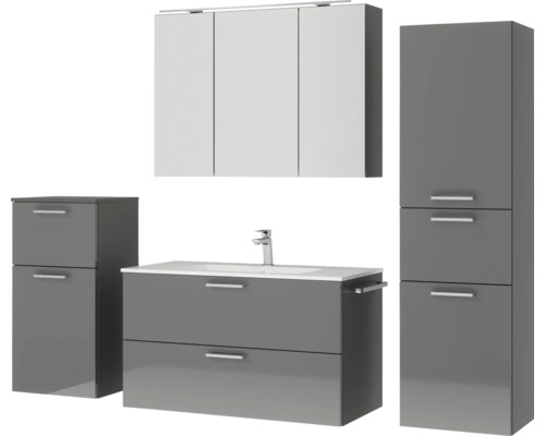 Badkamermeubelset NOBILIA Programma 2 BxHxD 210 x 169,1 x 48,7 cm, fronten hoogglans grijs, met wastafelmeubel en 3-deurs spiegelkast met ledverlichting, onderkast, halfhoge kast, greep mat chroom, 277