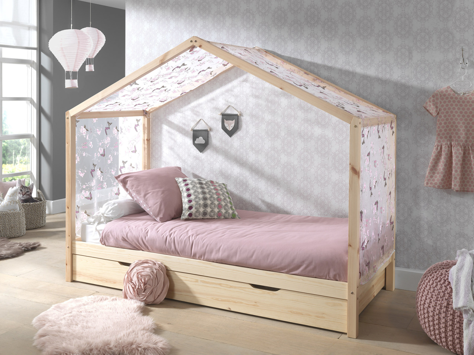 Hausbett DALLAS 3 - natur - Kiefer massiv - inklusive Schubkasten und Himmel