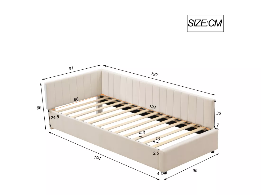 Lit simple rembourré 90x200 cm - tissu en velours - avec sommier à lattes - Beige