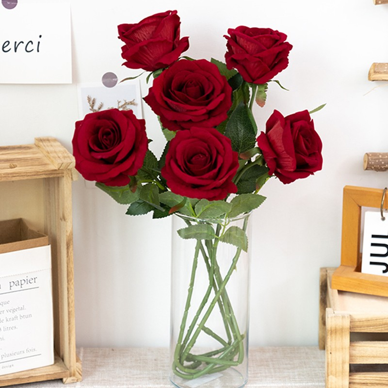 (3er Set) 50cm Deko Kunstblumen Rosen Blumenstrauss - Dunkelrot