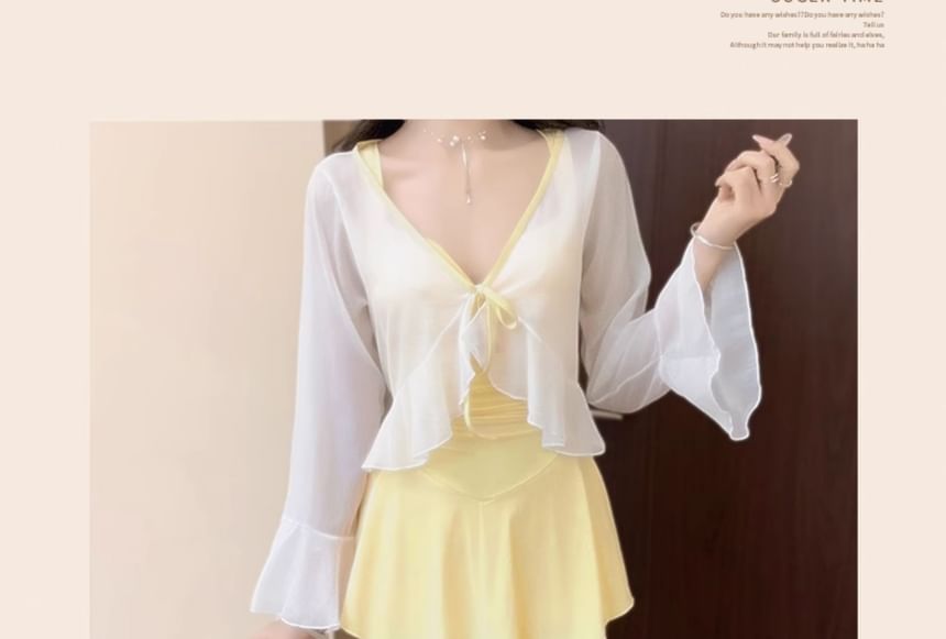 Kansen - Sweetheart Neck Plain Cutout Twist Swimdress / Plain Cover Up Jacket / Set