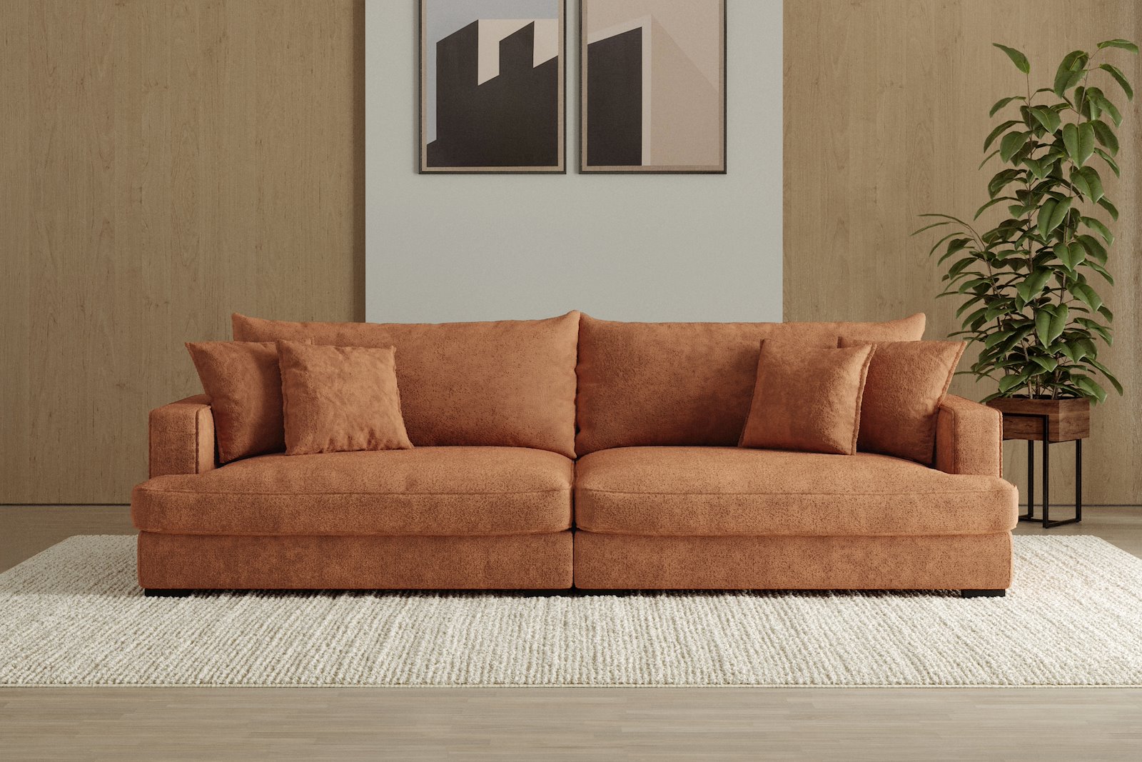 Rossi 4-seter sofa Tekstil Genesis 9 Deep Terra, arm A med sorte ben. Std. Komfort.