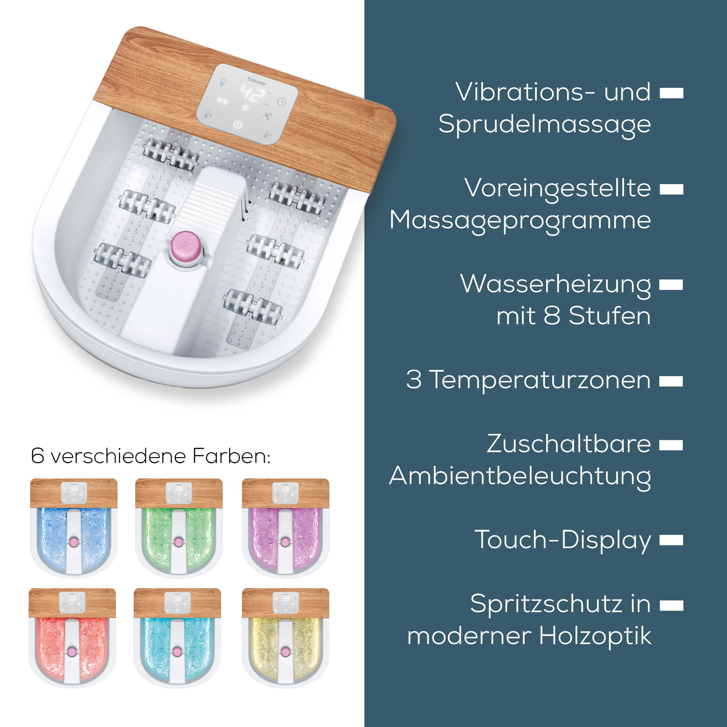 BEURER Fussbad »FB 65 mit Wasserheizung von 34 - 48°C, inkl. 3 Massageaufsätze« Zuschaltbare Ambientebeleuchtung mit 6 Lichteffekten