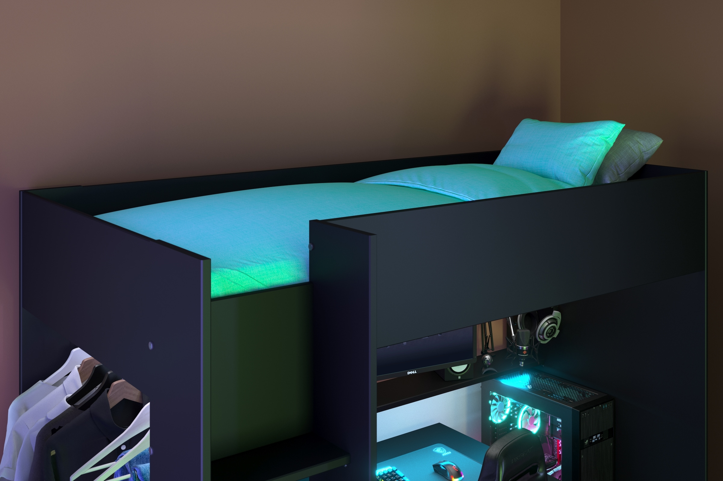 Parisot Hochbett »Meddox, TOPSELLER! OTTOs Choice, Gamerbett,  LED, Schreibtisch« Gesamtaussenmasse B/T/H  203,7/94,4/180 cm,  Kleiderstange, viel Stauraum, ideal für kleine Räume, ALL-IN-ONE Bett