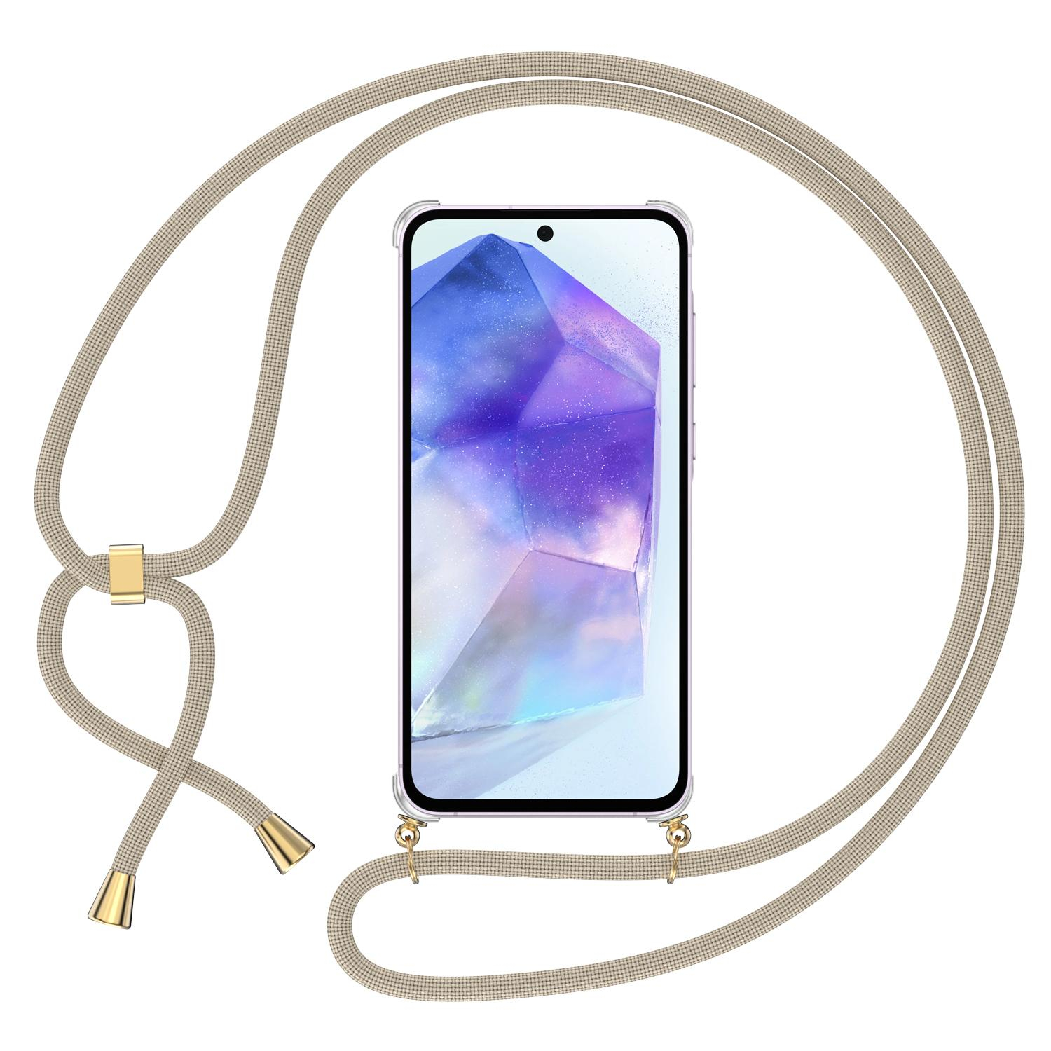 Samsung Galaxy A35 Necklace Gummi Hülle Air Cushion Fallschutz   Handykette (150cm) - Beige / Gold