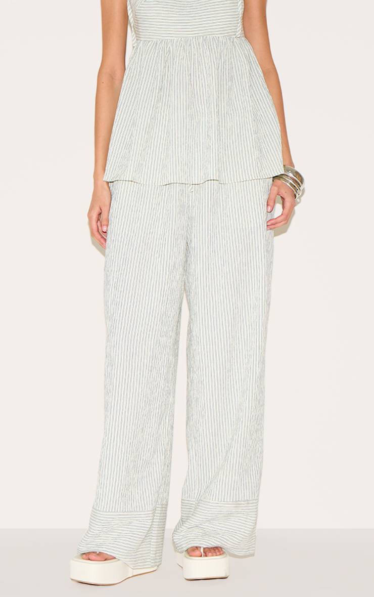 Vert Sauge Ensemble Coordonné Pantalon Droit À Rayures Texturées Tissées