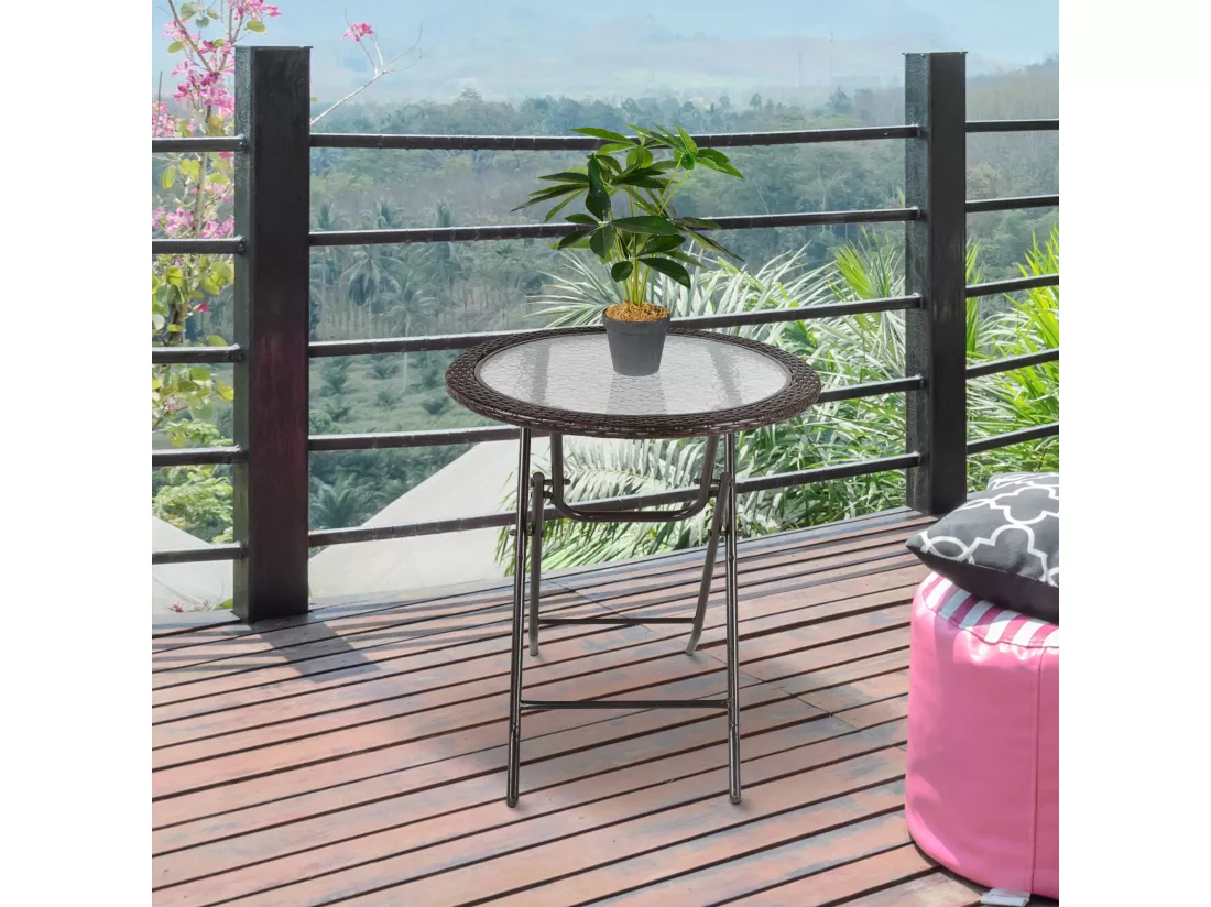 Table ronde bistro de jardin pliable dim. Ø 68 x 73H cm métal époxy résine tressée chocolat plateau verre trempé