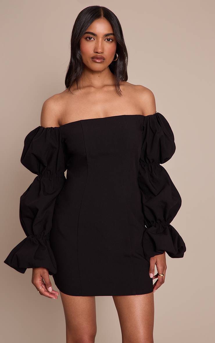 Noir Robe Moulante Bardot À Manches Bouffantes