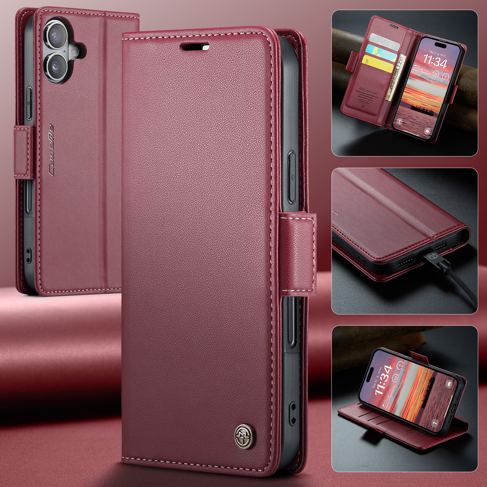 iPhone 17 Leder Tasche Flip Wallet Etui mit Kartenfächern Litchi Look (RFID Schutz) - Rot