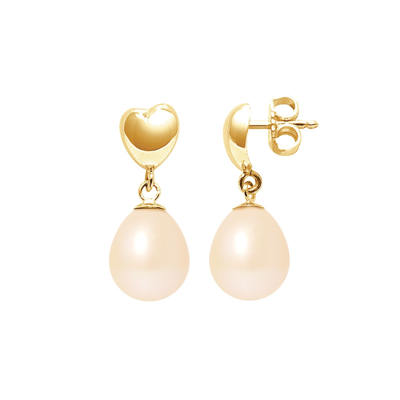 Boucles d'Oreilles Coeurs Pendantes Perles de Culture Roses et or jaune 375/1000