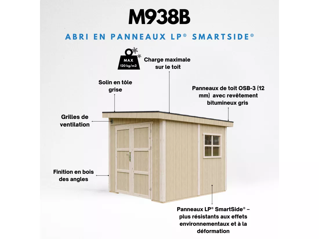 Abri de Jardin Qualité Premium 5,9 m² - H231x248x294 cm - Sans plancher e paroi latérale - Timbela M938B-TUNDRA GREY
