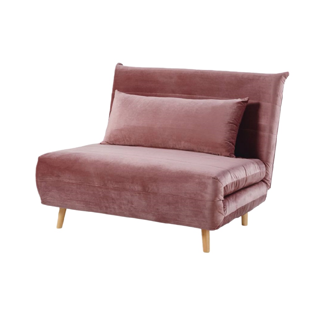 Fauteuil convertible en velours rose poudré – Canapé-lit 1 place avec coussin – Style scandinave