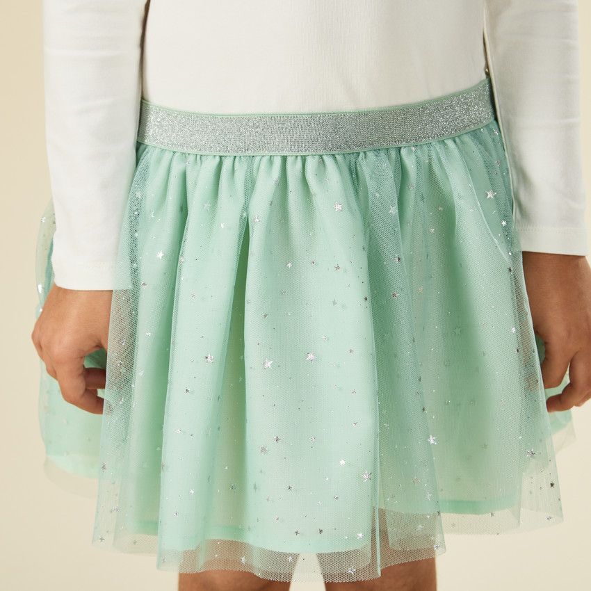 Robe bi-matière effet 2 en 1 avec tulle étoilé pour fille - Ecru