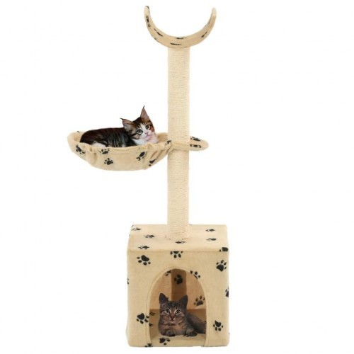Arranhador para gatos com poste de sisal, bege, com estampa de patas.