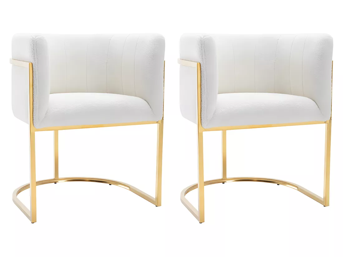 Lot de 2 chaises avec accoudoirs - Tissu bouclette et acier inoxydable - Blanc et doré - PERIA de Pascal MORABITO