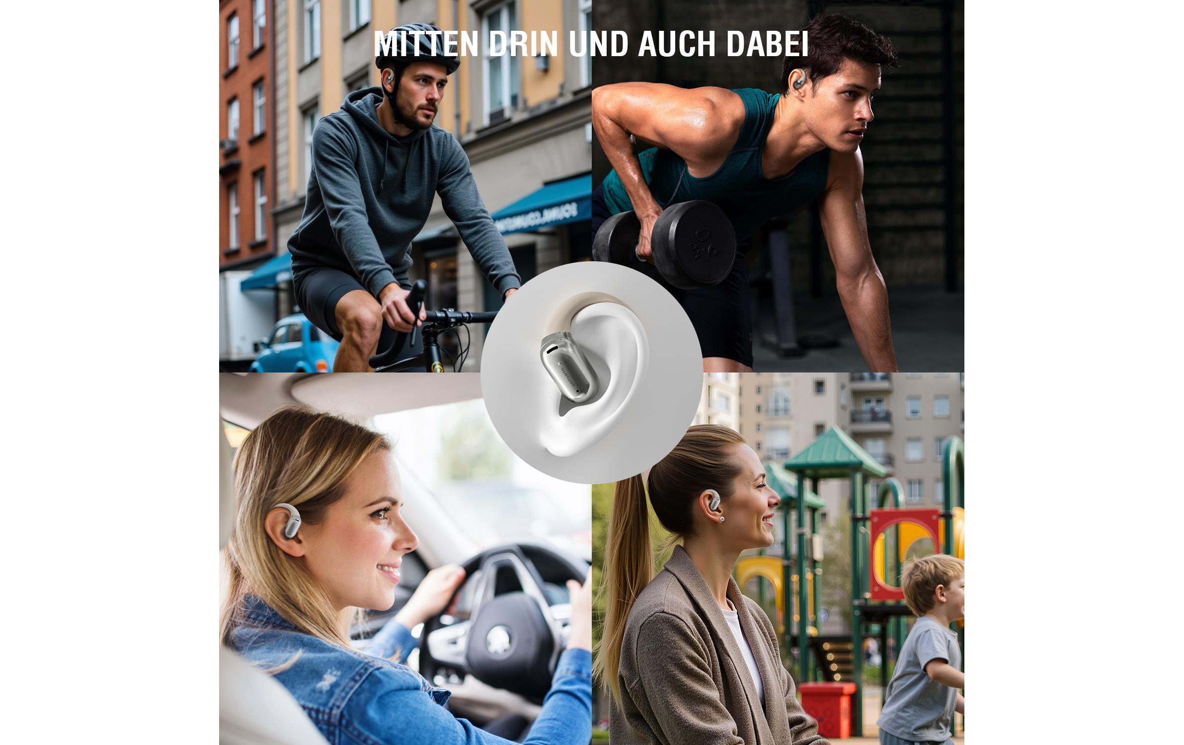 Open-Ear Bluetooth Kopfhörer SkyBuds AI Screen, BeigeOffene, kabellose Bluetooth-Kopfhörer mit smarter Ladeschale