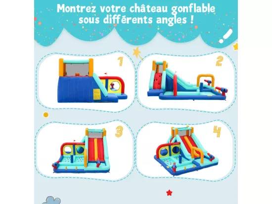 Château gonflable, parc aquatique, avec souffleur, 2 toboggan et pistolet à eau, 3 à 8 ans, 365x450x217cm