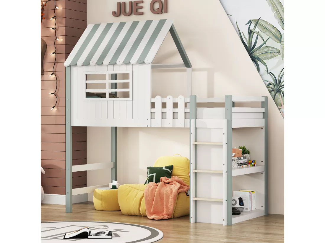 Lit mezzanine 90 x 200 cm - lit cabane avec échelle - Étagère de rangement - Bois massif - Vert