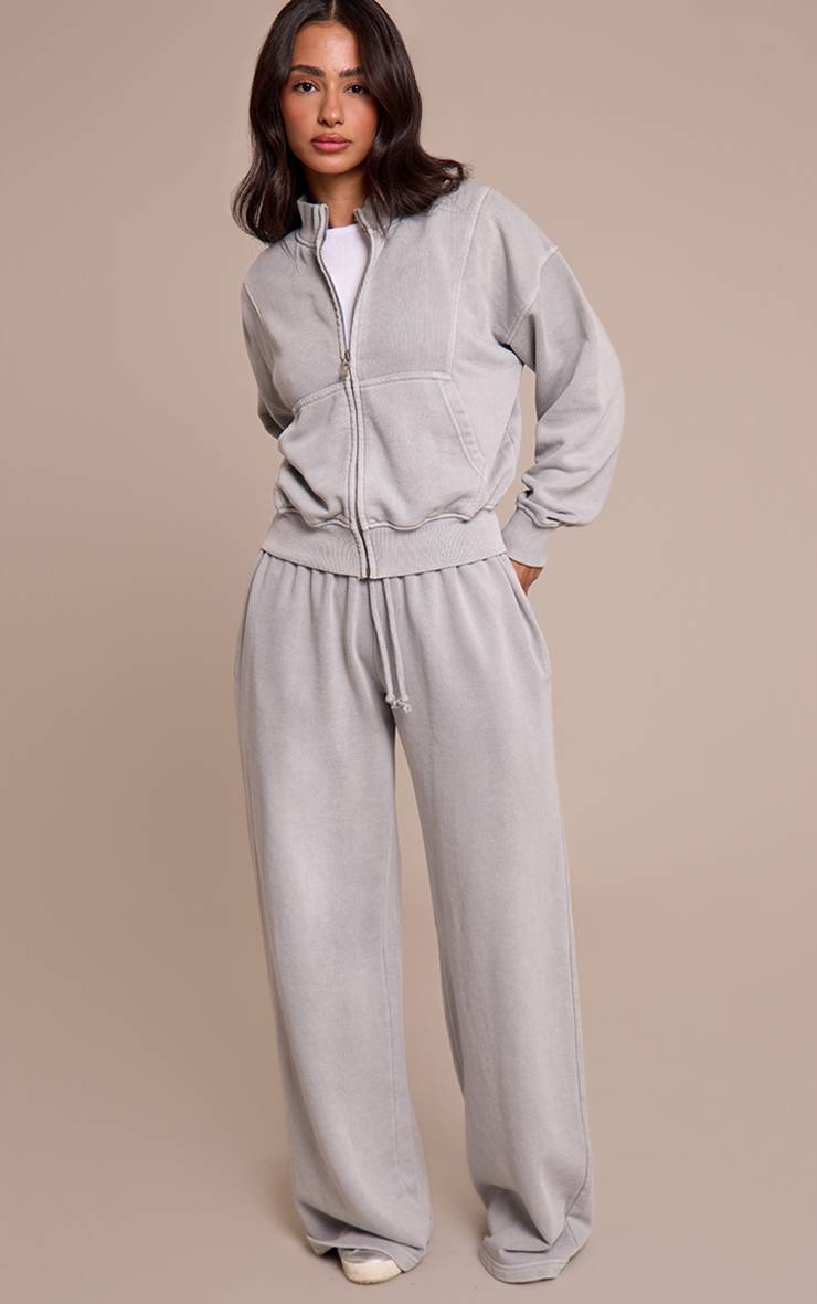 Washed Grey Sweat-shirt Petite À Col Cheminée Et Fermeture Éclair