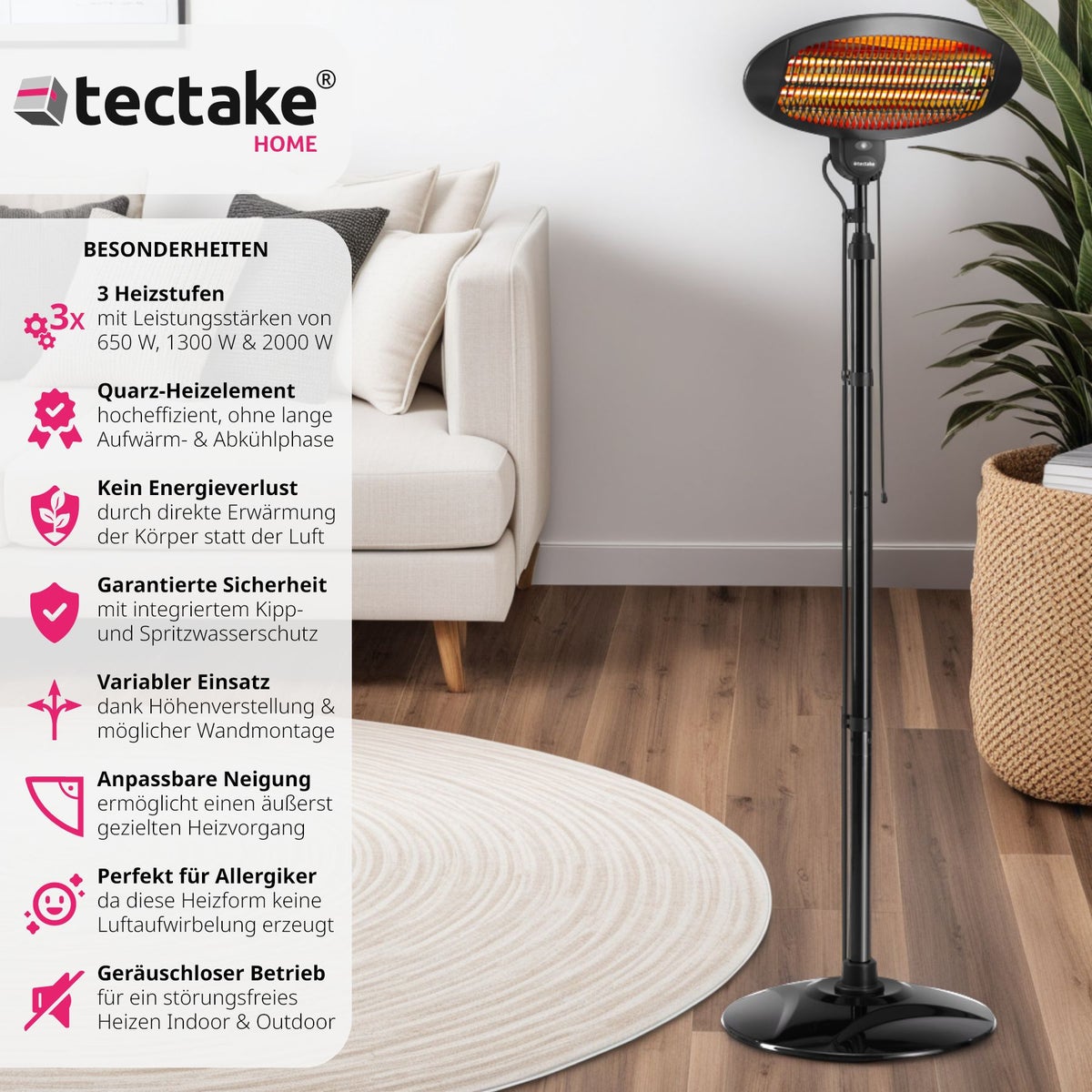 tectake Solaris Monolith infraroodstraler, 3 vermogensniveaus, 650, 1300 en 2000 W, wandmontage mogelijk, 50 x 50 x 136 - 213 cm